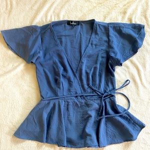 Lulu’s Dusty Blue Flutter Sleeve Wrap Top/Blouse